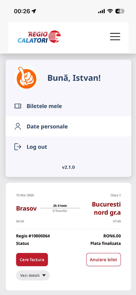 Regio Călători - Regio Calatori app dashboard showing a user profile and a train ticket from Brasov to Bucharest.