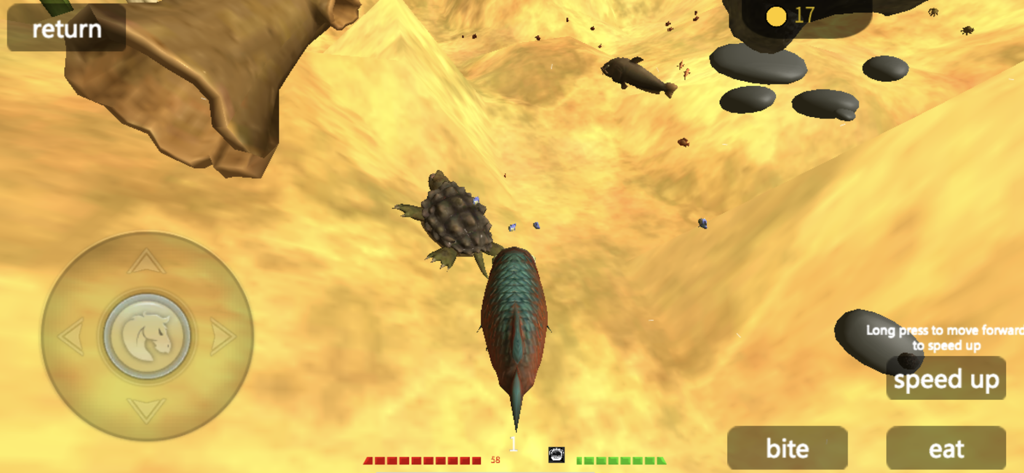 A fish and a turtle swimming in a sandy underwater map with on-screen game controls in 3D Fish Growing 2020.