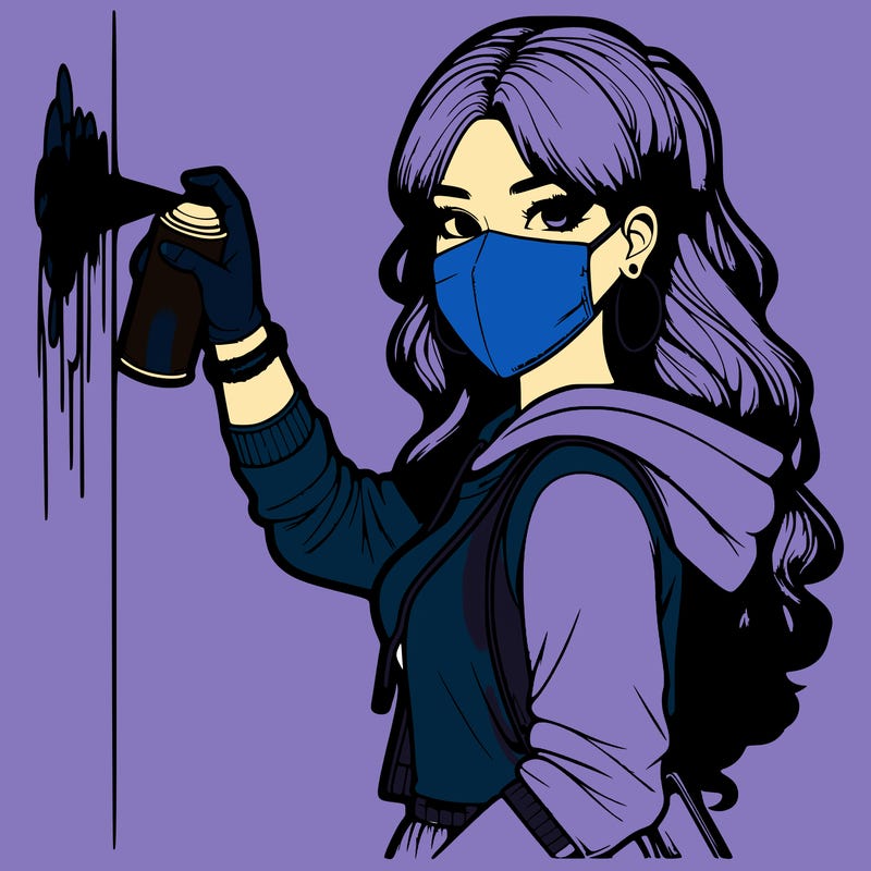 realistic girl with mask spray painting a wall