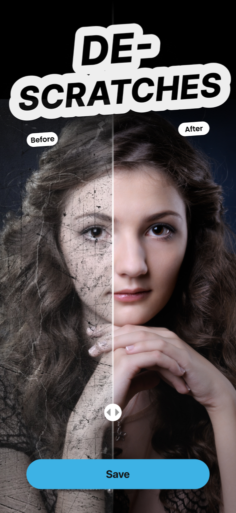 Enhancer & Analyzer: RePixel - Before and after comparison of a scratched portrait restored using AI photo enhancement