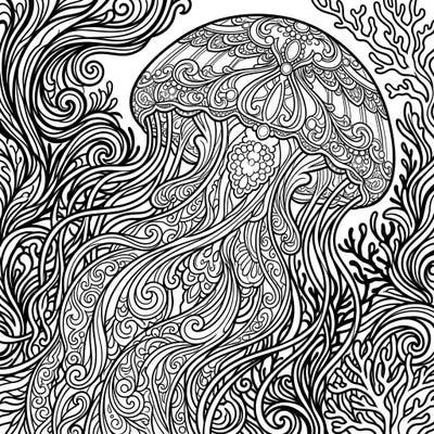 Explore the mysterious beauty of the ocean with this intricate Gothic Immortal Jellyfish coloring page. Its dramatic patterns and flowing lines offer a captivating artistic escape for all skill levels.