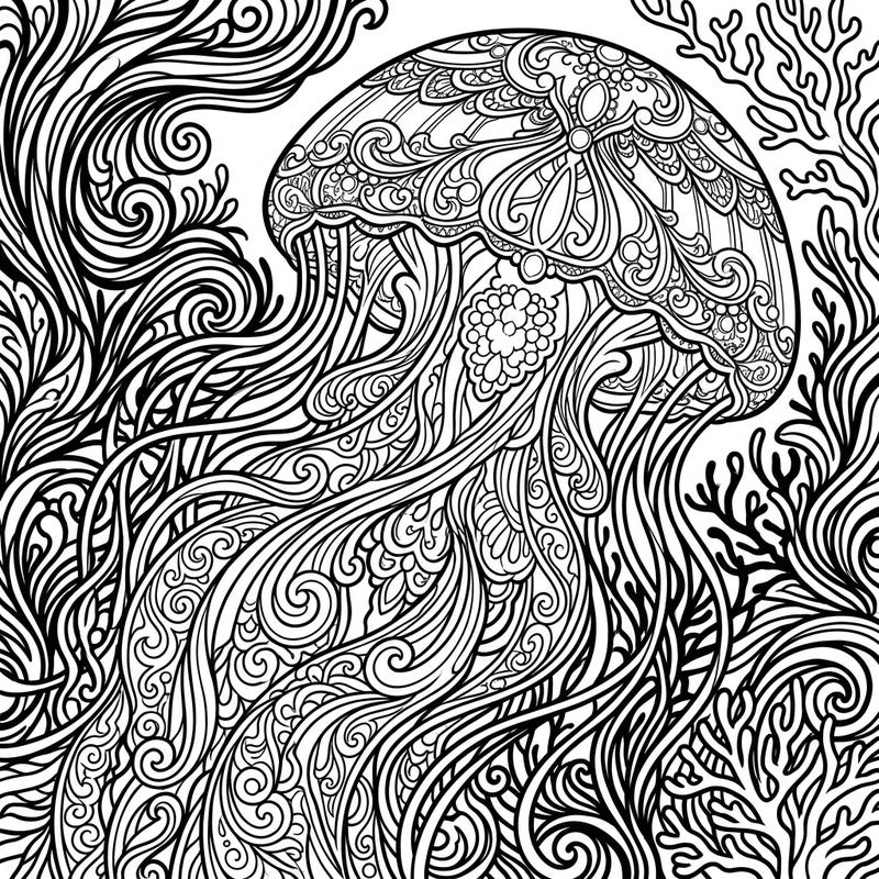 Explore the mysterious beauty of the ocean with this intricate Gothic Immortal Jellyfish coloring page. Its dramatic patterns and flowing lines offer a captivating artistic escape for all skill levels.