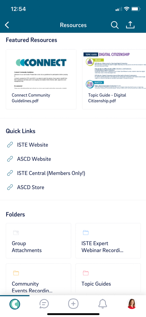 Connect (ASCD+ISTE) - Resources section of the Connect app showing featured guides, professional links, and webinar folders for educators.