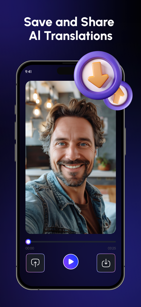 Dub AI – Video Translator App - Interface de smartphone mostrando o recurso de salvar e compartilhar vídeos traduzidos por IA no aplicativo Dub AI.
