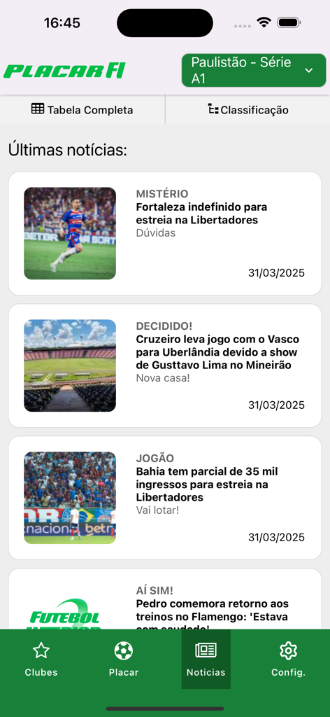 Placar FI - Futebol Interior - Placar FI app news feed showing headlines and updates on Brazilian football clubs.