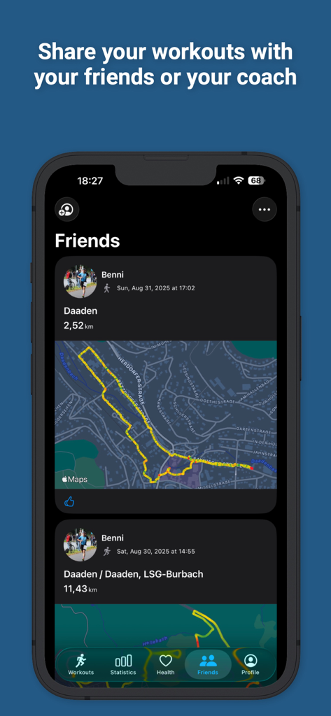 HealthFit - HealthFit app social feed interface showing shared workout maps and distance statistics from friends