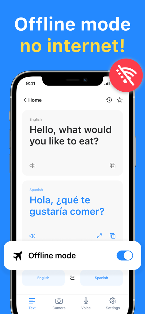 Translator AI: Photo, Voice - Translator AI app interface displaying an offline English to Spanish translation.