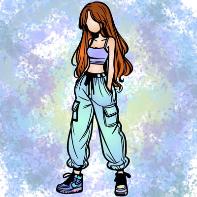 girl in baggy pants crop top and long hair