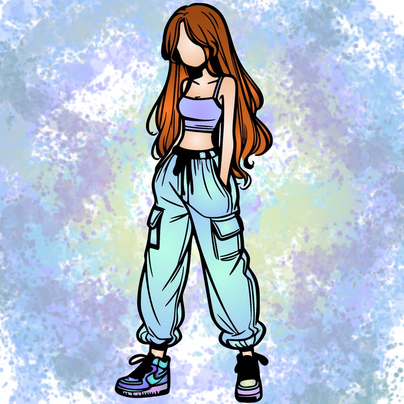 girl in baggy pants crop top and long hair