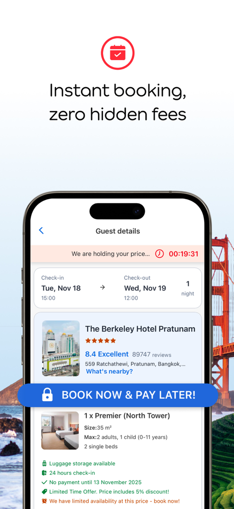 Agoda app screen showing a hotel booking page with instant booking and pay later options.