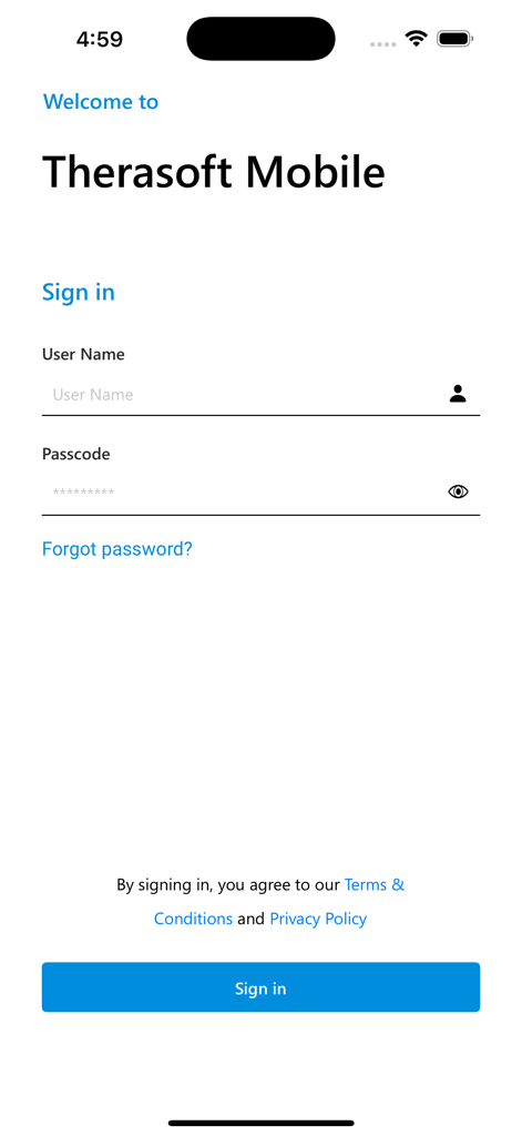 Pantalla de inicio de sesión de la aplicación Therasoft Mobile con campos de entrada para nombre de usuario y contraseña.