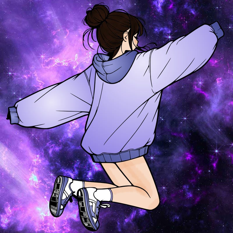 realistic girl jumping with a bun and oversized sweatshirt