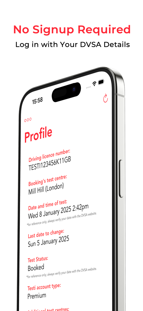 Smartphone screen showing the profile section of the Testi app with driving test booking details.