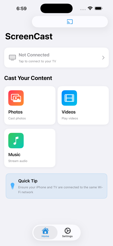 Screen Cast: Screen Mirroring - Main menu of the ScreenCast app with shortcuts for casting photos, videos, and music