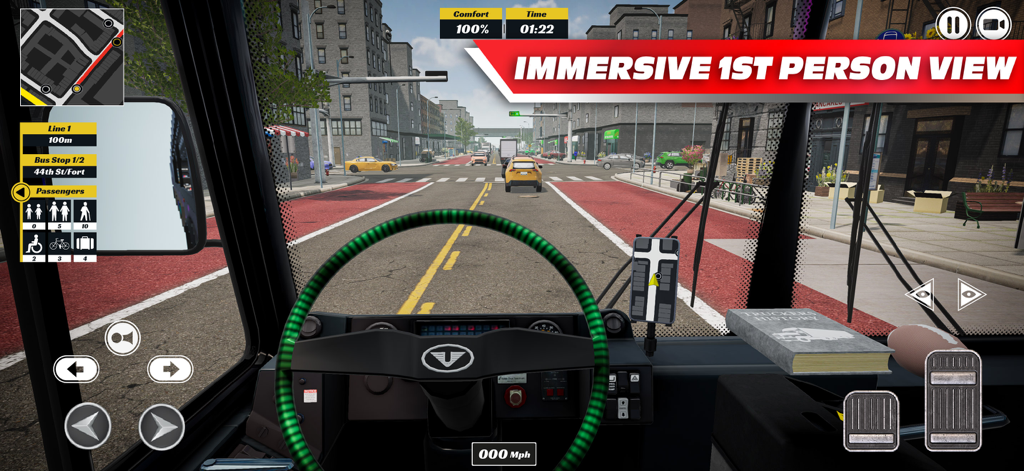 Immersive first person driver view from inside a city bus in Bus Simulator PRO 2026