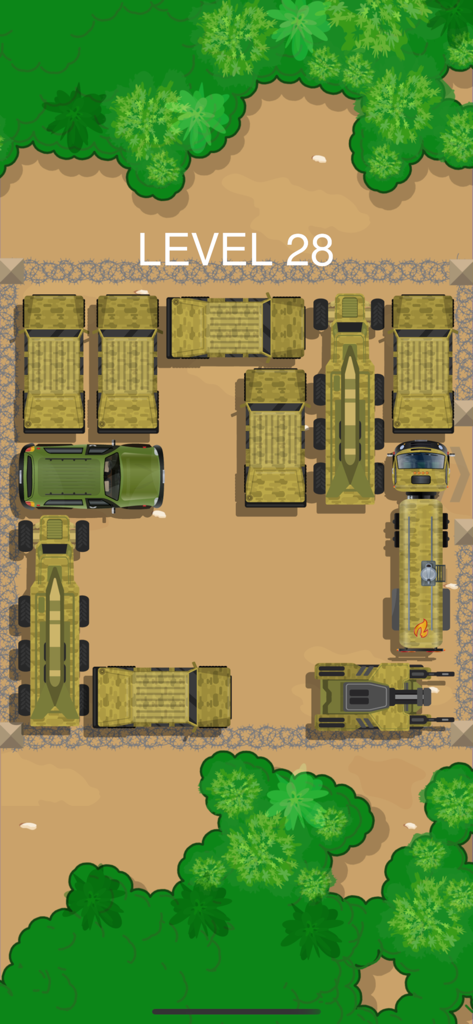 Car Park Puzzle Level 28 gameplay showing military vehicles in a parking logic challenge.