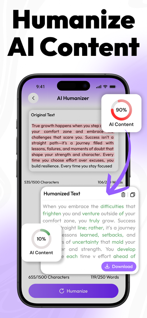 Tela de smartphone mostrando o aplicativo Humanize AI transformando texto robótico em conteúdo semelhante ao humano com baixas pontuações de detecção de IA
