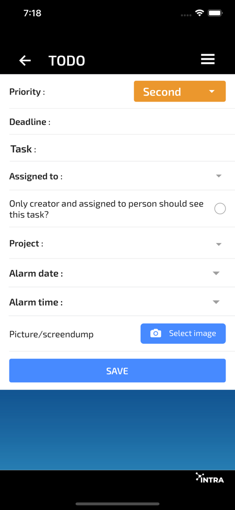 INTRA - Task creation screen in the INTRA app with fields for priority, deadline, and assignment details