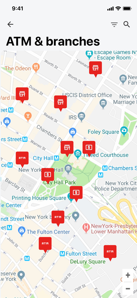 Map view in the SGBL app showing locations of ATMs and bank branches