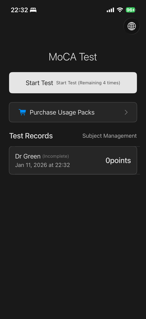 MOCA Assessment - Schermata principale dell'app MOCA Assessment con pulsante per avviare il test e record dei test precedenti