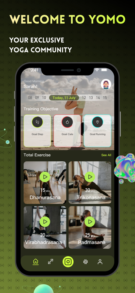Yomo app home screen showing yoga training objectives and video exercises like Dhanurasana and Padmasana