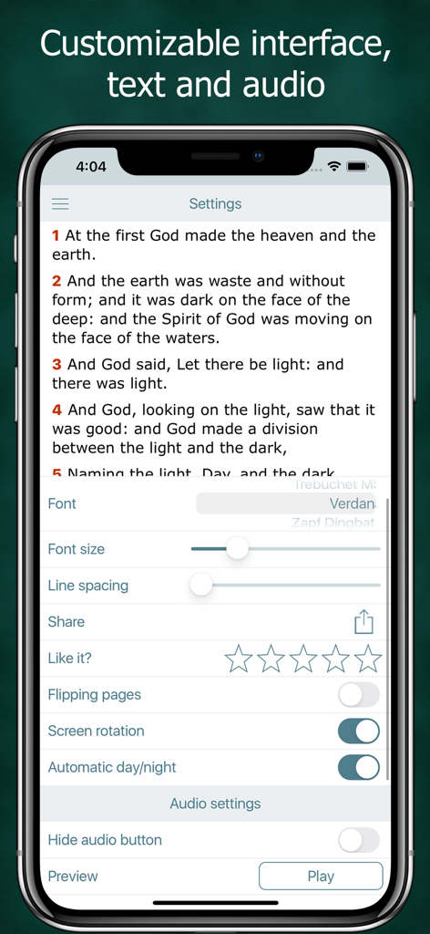 Simple Bible in Basic English - Settings menu showing font and audio customization options in the Simple Bible app