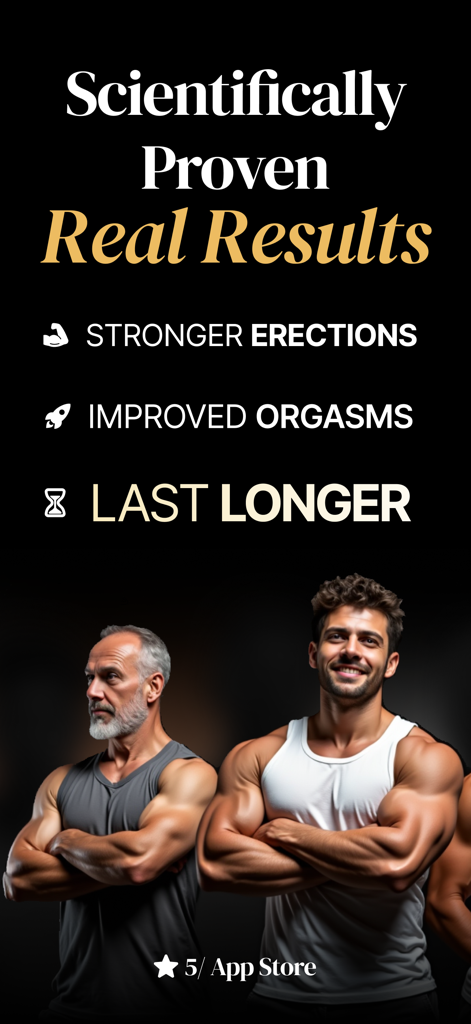 Promotional graphic for Alpha Kegel app showcasing benefits like improved male performance and stamina with two fit men of different ages.
