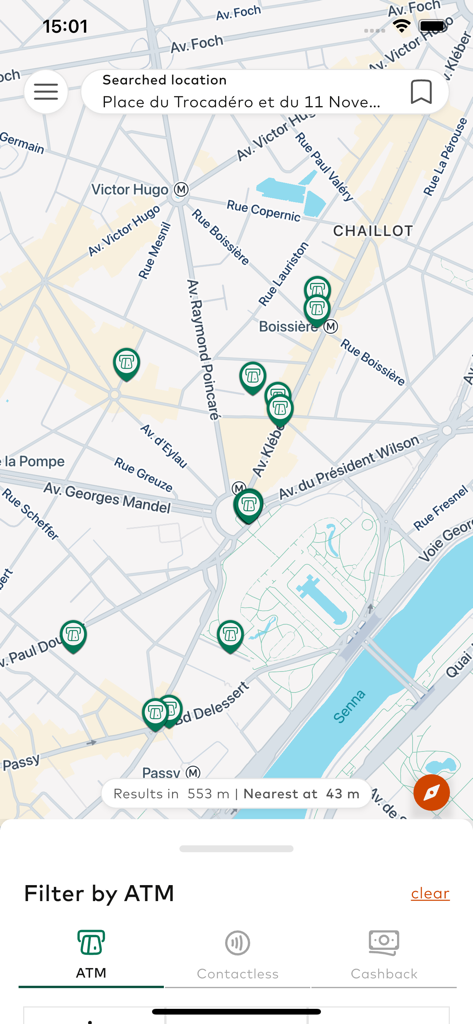 Mastercard Nearby mobile app showing a map with ATM locations and search filters