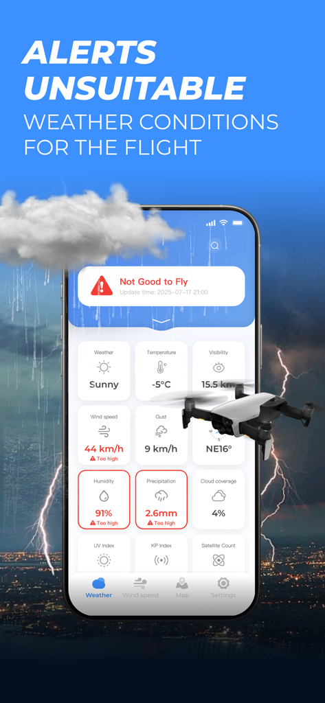 DroneCast: Fly UAV Forecast - Interface of DroneCast app showing a warning alert for unsuitable flying conditions with high wind and rain