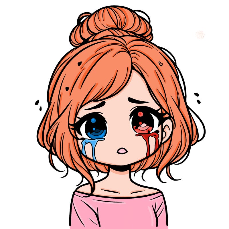 a beautiful crying girl with short hair in a tiny messy bun and looks emotionless