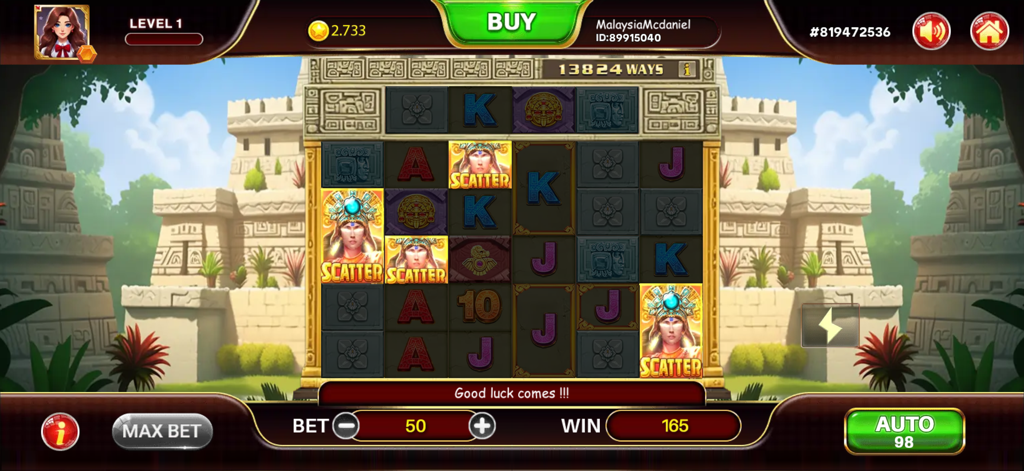 Mega Win X Slots gameplay showing an Aztec priestess theme slot machine with scatter symbols