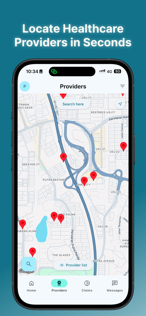 HealthMetrics Global - HealthMetrics Global app screen showing a map with red markers for nearby healthcare providers