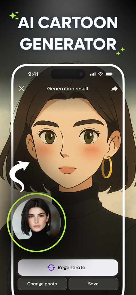 AI Cartoon Effect Anime Maker - Interfaz de aplicación móvil que muestra una foto de retrato transformada en una ilustración de estilo anime nostálgico usando IA