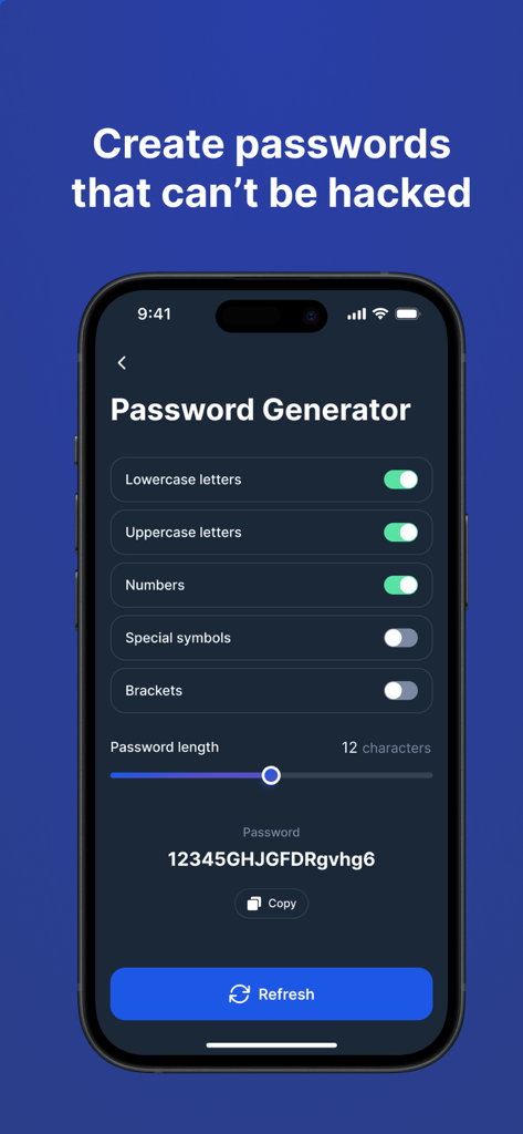 Security K - Interfaz del generador de contraseñas de la aplicación Security K con opciones de seguridad personalizables