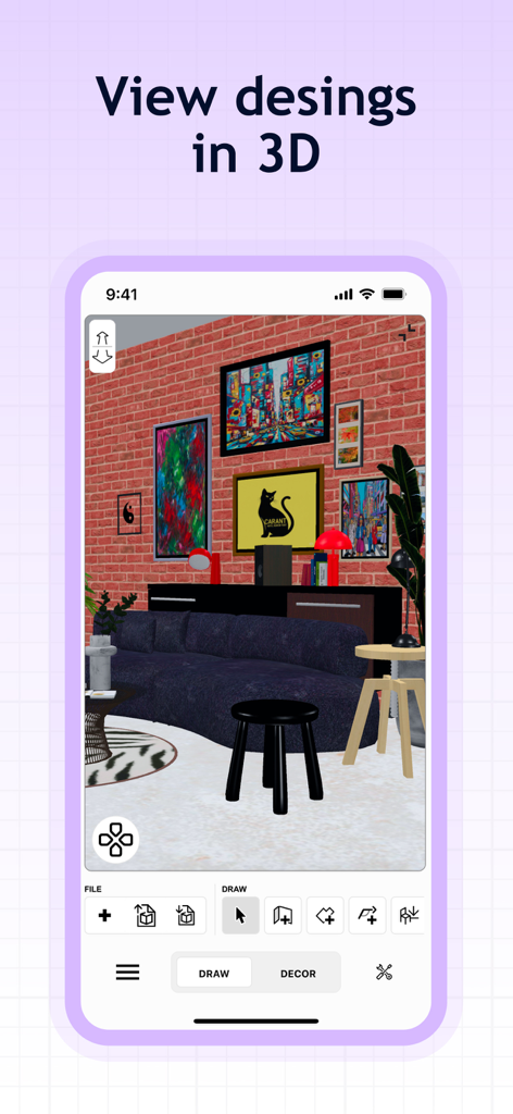Screenshot dell'app Sweet Home 3D che mostra un progetto di interior design 3D con una parete in mattoni e mobili moderni