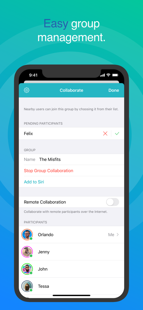 Inko Whiteboard collaboration screen showing easy group management and participant list