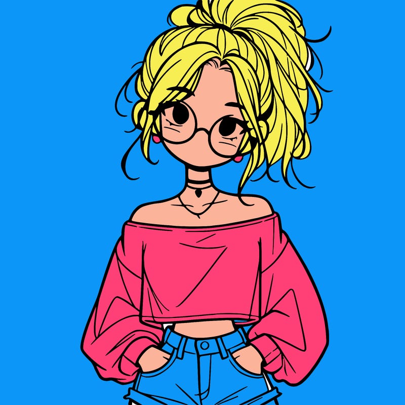 girl with a messy ponytail glasses a baggy crop top and jean shorts