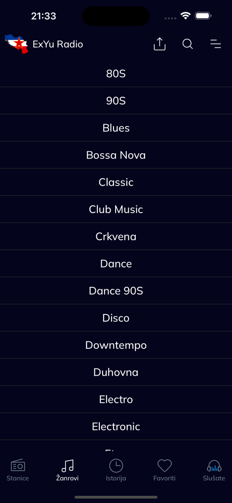 ExYu Radio Mobile App zeigt eine Liste von Musikgenres an, darunter 80er, 90er und verschiedene Balkan-Stile