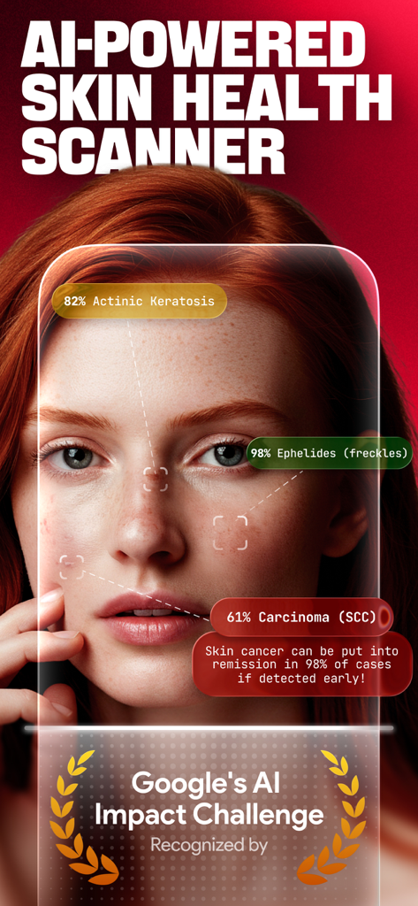 DermaScan - AI dermatologist - Interfaz del escáner de salud de la piel con IA de DermaScan analizando afecciones de la piel facial con estadísticas de detección temprana y distintivo de reconocimiento de IA de Google