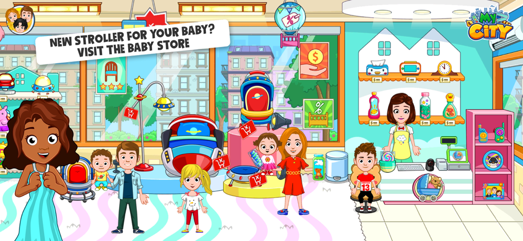 My City : Babysitter - Characters shopping for strollers and toys in a colorful baby store inside the My City Babysitter app