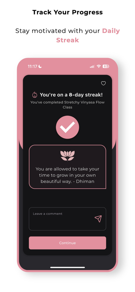 Jess Yoga app screen showing an 8-day daily streak notification and motivational quote.