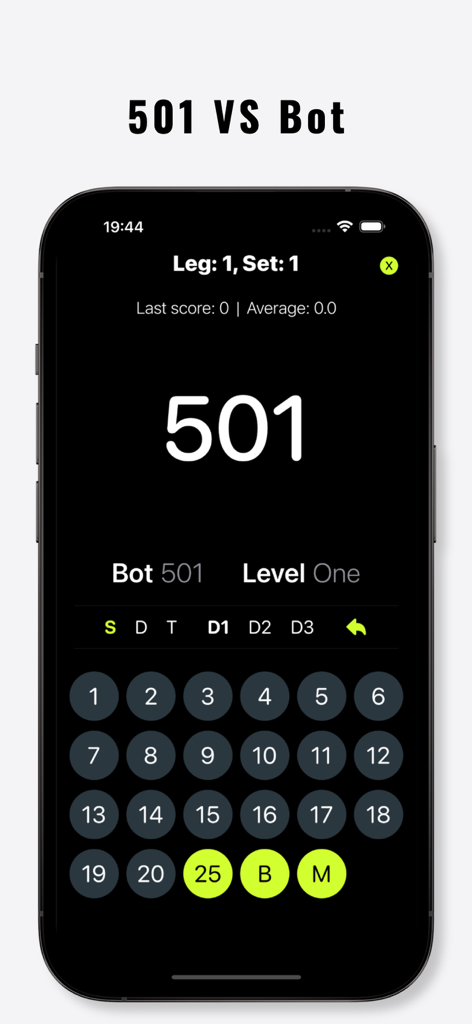 Dart Bot mobile app interface showing a 501 game mode against a computer opponent with a numeric keypad for scoring