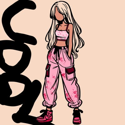 girl in baggy pants crop top and long hair