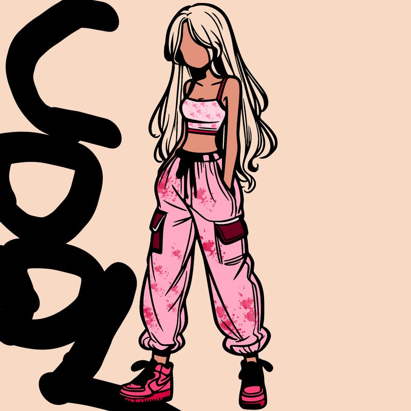 girl in baggy pants crop top and long hair