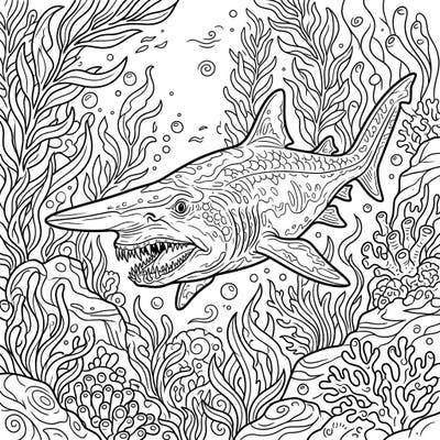 Embark on an artistic journey into the mysterious ocean depths with this intricate Goblin Shark coloring page designed for adults. Discover the unique features of this rare deep-sea creature amidst a richly detailed underwater world.