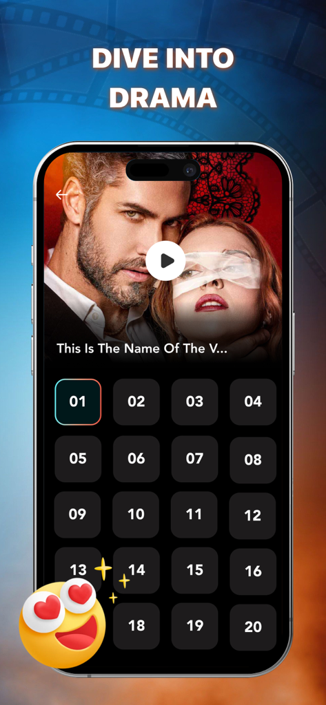 ShortyDramaモバイルアプリのインターフェース。話題のショートシリーズの番号付きエピソードのグリッドを表示。