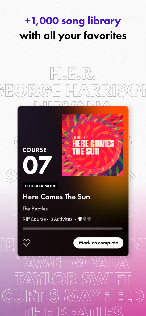 Fender Play: Learn Guitar - Fender Play app screen showing a guitar lesson for Here Comes The Sun by The Beatles within a 1,000 song library.