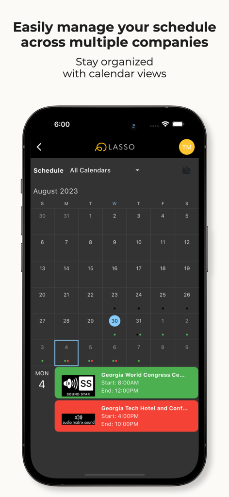 LASSO Mobile app interface showing a dark mode calendar with color-coded event schedules for multiple employers