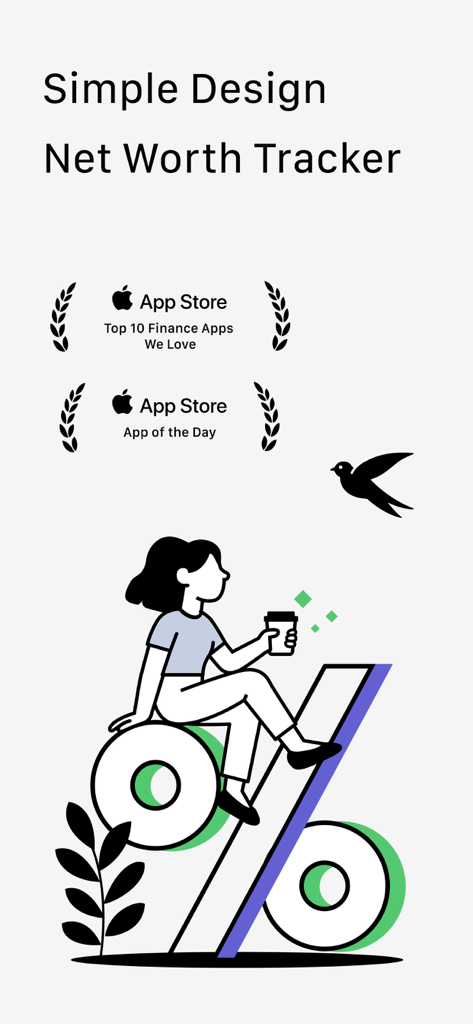 Intro screen for Percento net worth tracker featuring Apple App Store awards and a minimalist illustration