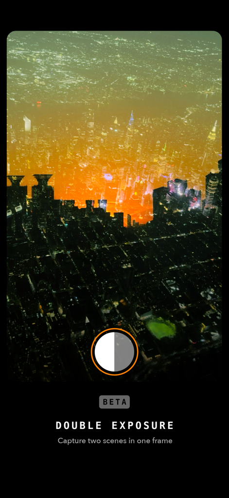 Retrica: Vintage Camera Studio - Retrica app screen showing the double exposure feature with two cityscapes combined in one frame